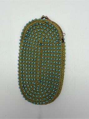 Vintage Japan Beadies Olive Green crocheted turquoise beads eyeglass case